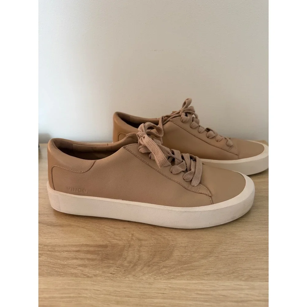 Vince Keoni Leather Sneakers Women 9 Nude Tan Low Top Minimalist Shoes